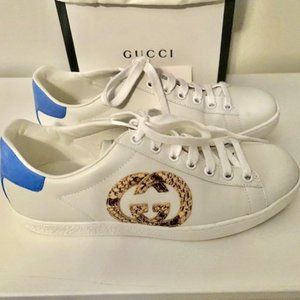 New in Box Authentic Gucci Ace GG White/Python/Blue Sneaker Shoe Size 37